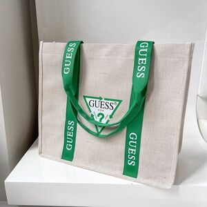 NIP NEW Guess Canvas Eco Beach Tote Cream Green Logo Shopper Handbag Purse
